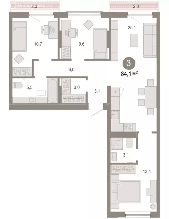 3-комнатная квартира: Тюмень, микрорайон ДОК, ЖК Октябрьский на Туре ... - Фото 2