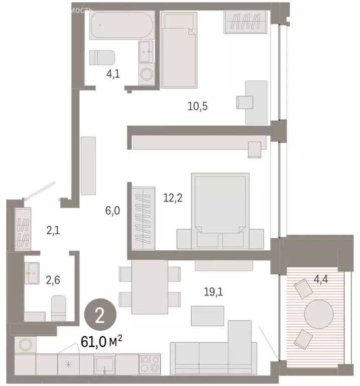 2-комнатная квартира: Тюмень, улица Муравленко, 9/2 (61.03 м) - Фото 1