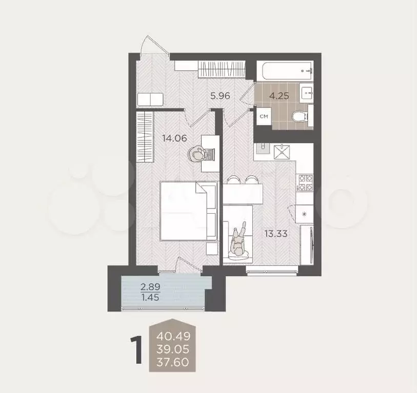 1-к. квартира, 39,1 м, 2/9 эт. - Фото 1