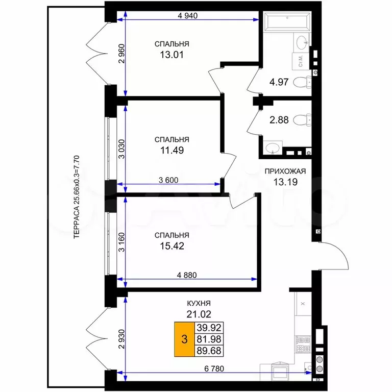3-к. квартира, 89,7 м, 1/7 эт. - Фото 1