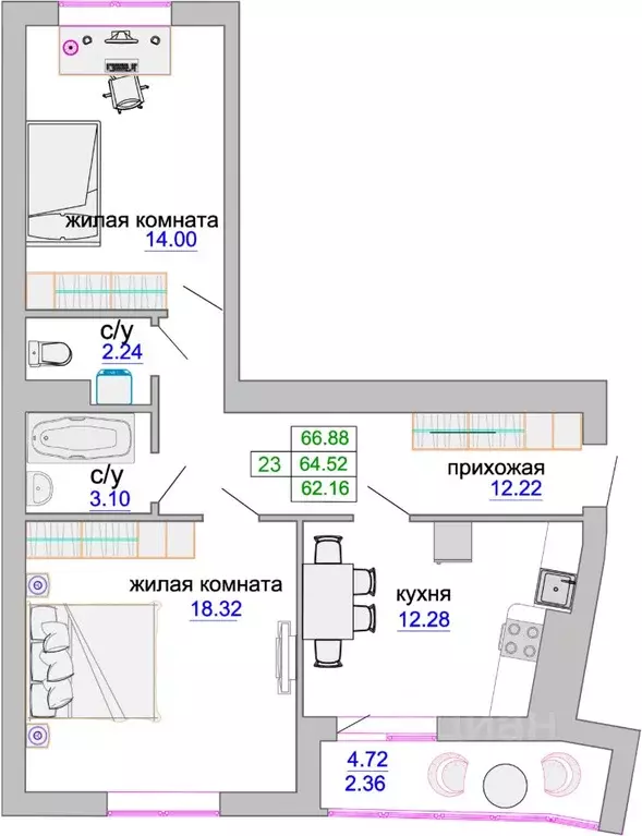 2-к кв. Калининградская область, Зеленоградск ул. Тургенева, 16А (65.1 ... - Фото 1