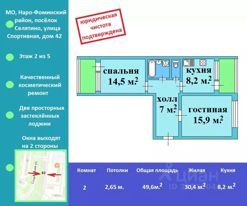 2-к кв. Московская область, Наро-Фоминский городской округ, Селятино ... - Фото 0