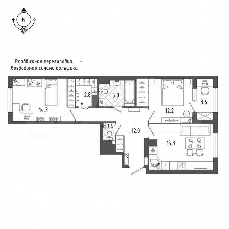 2-к. квартира, 64,6 м, 13/18 эт. - Фото 0