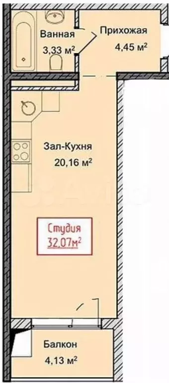 Квартира-студия, 32,1 м, 4/13 эт. - Фото 1