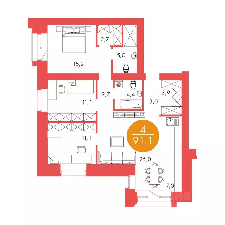 4-к кв. Красноярский край, Красноярск ул. Шахтеров, 33А (91.1 м) - Фото 0