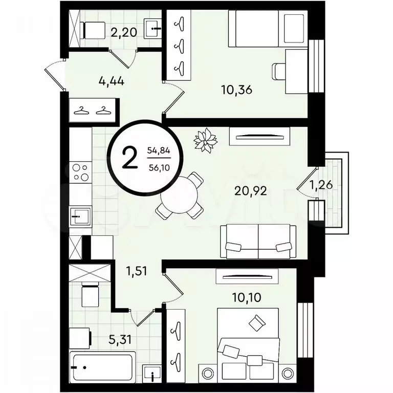 2-к. квартира, 56,1 м, 4/4 эт. - Фото 0