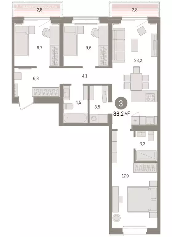 3-комнатная квартира: Тюмень, жилой комплекс На Минской (88.24 м) - Фото 1