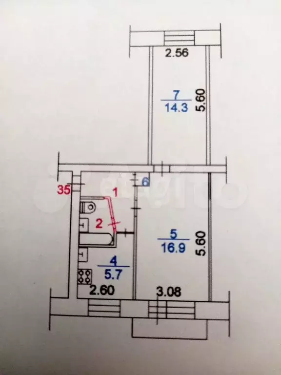 2-к. квартира, 45,3 м, 5/5 эт. - Фото 0