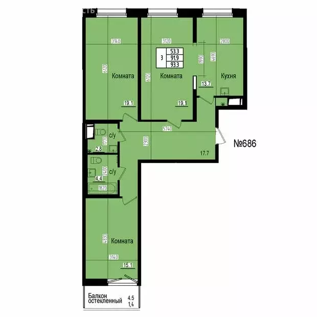 3-комнатная квартира: посёлок Парголово, Ольгинская дорога, 3/20 (93.3 ... - Фото 2