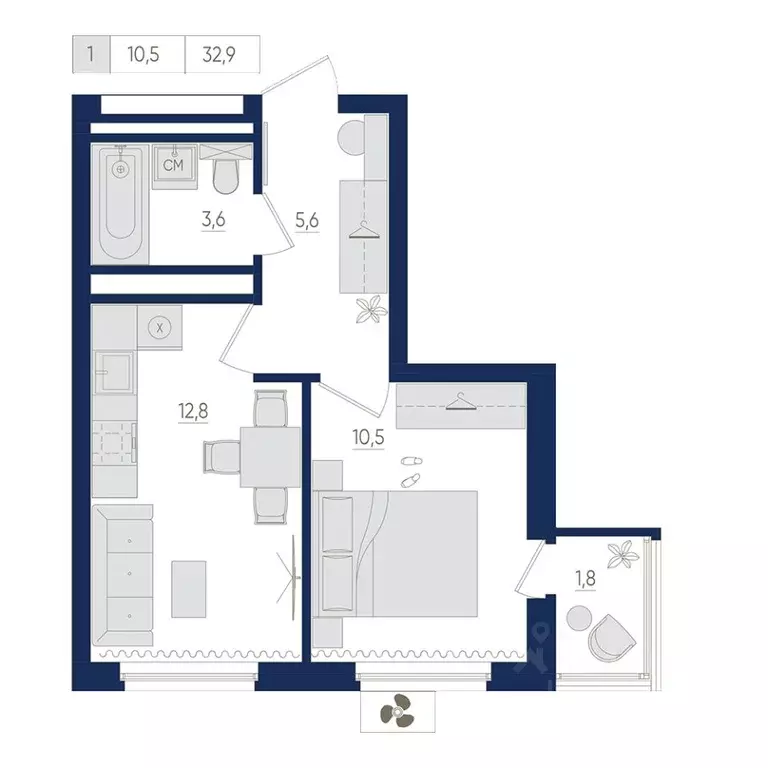 1-к кв. Башкортостан, Уфа ул. Евгения Столярова, 13 (32.9 м) - Фото 1