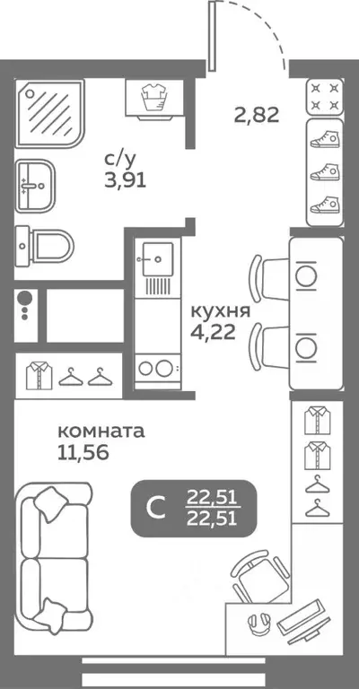 Студия Тюменская область, Тюмень ул. Вадима Бованенко, 10 (22.51 м) - Фото 0