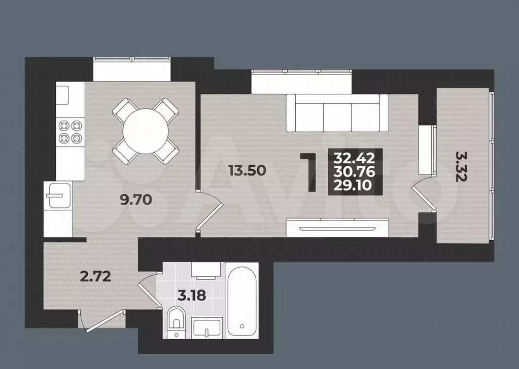 2-к. квартира, 32,4 м, 2/9 эт. - Фото 1