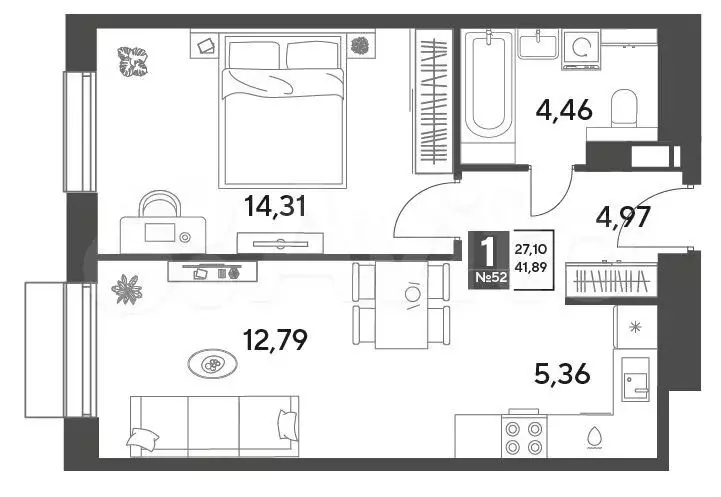 1-к. квартира, 41,9 м, 3/9 эт. - Фото 0