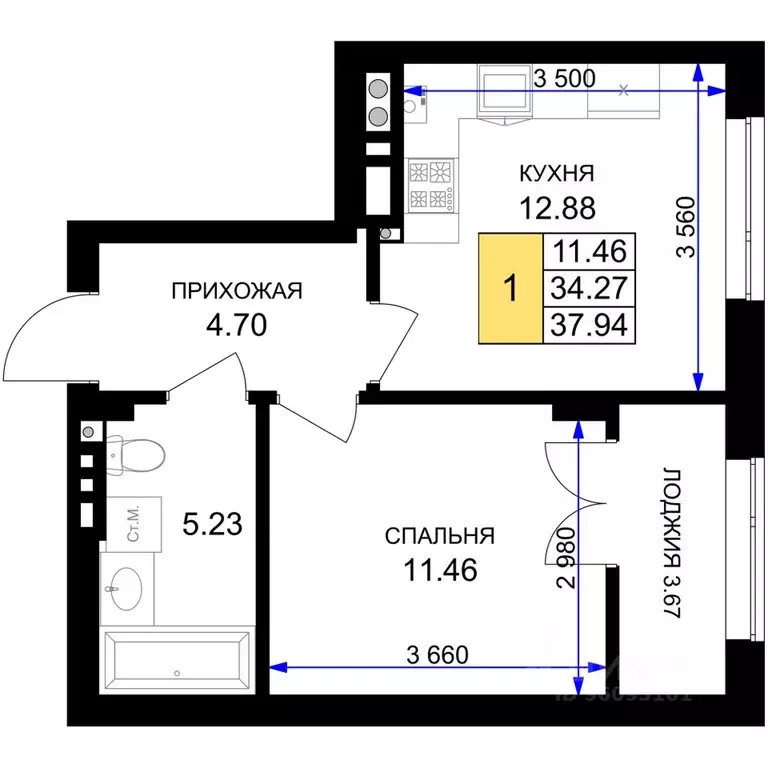 1-к кв. Калининградская область, Гурьевск Включи жилой комплекс (37.94 ... - Фото 0