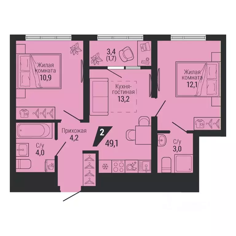 2-к кв. Свердловская область, Екатеринбург Вторчермет жилрайон,  (49.1 ... - Фото 2