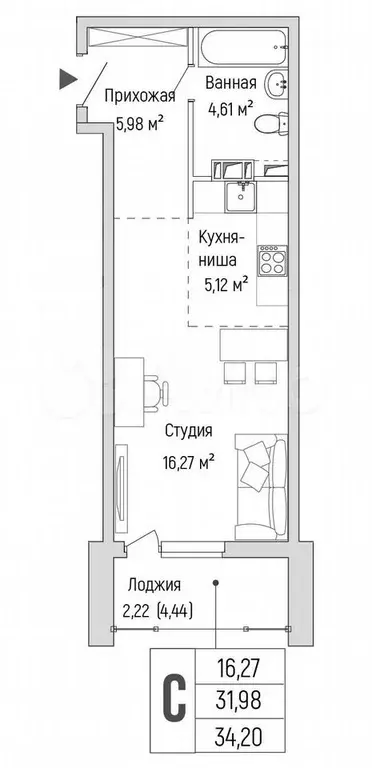 Квартира-студия, 34,2 м, 5/9 эт. - Фото 0