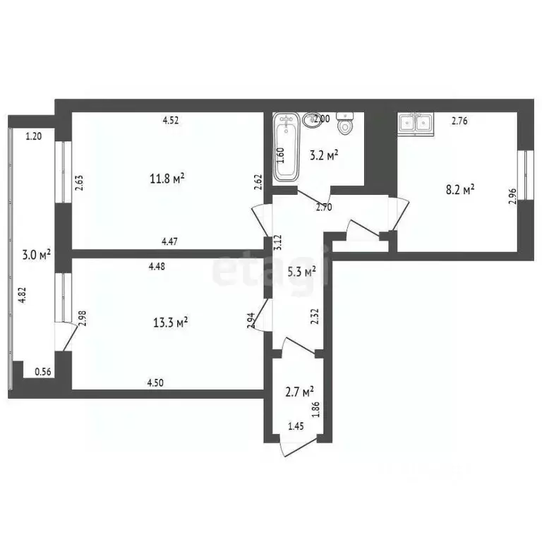 2-к кв. Башкортостан, Стерлитамак Патриотическая ул., 106 (42.5 м) - Фото 1