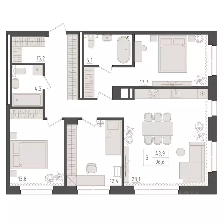 3-к кв. Башкортостан, Уфа 563-й кв-л,  (96.6 м) - Фото 1