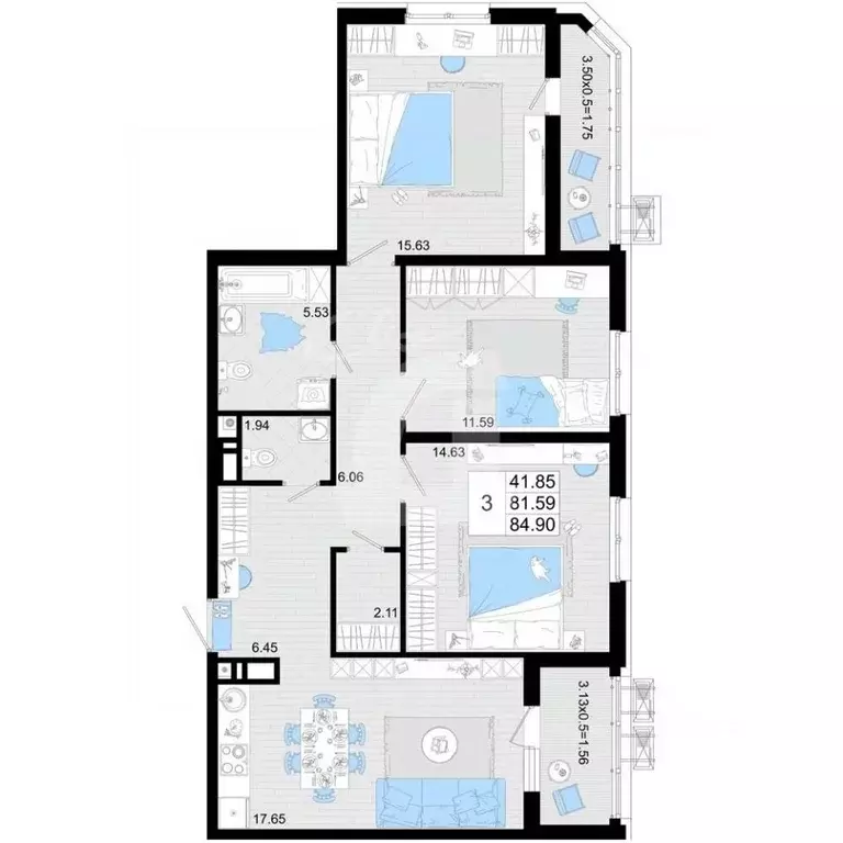 3-к кв. Краснодарский край, Краснодар Старокубанская ул., 2/23к1 (84.9 ... - Фото 2