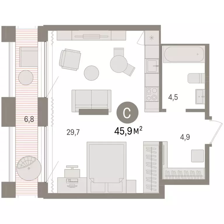 Квартира-студия: Тюмень, Краснооктябрьская улица, 4к3 (45.91 м) - Фото 1