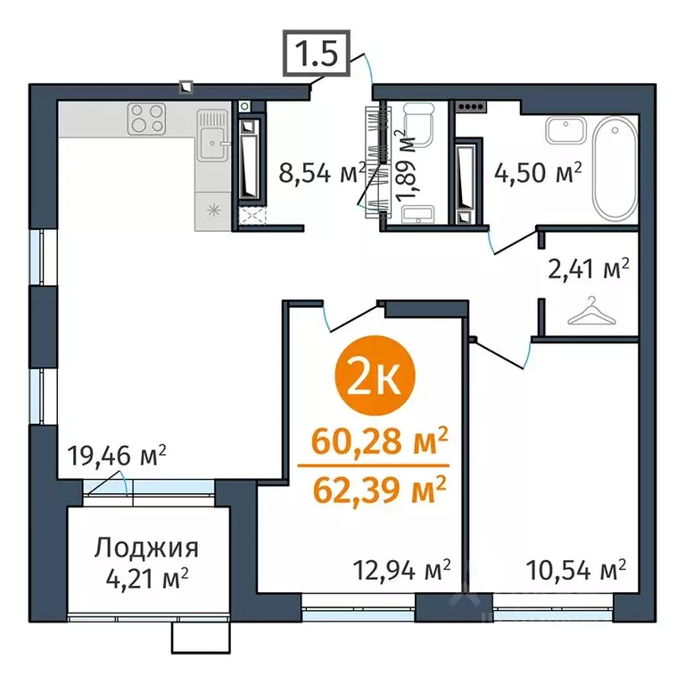 2-к кв. Тюменская область, Тюмень ул. Краснооктябрьская, 12 (60.28 м) - Фото 0