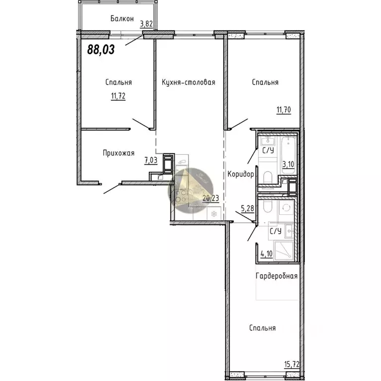 3-к кв. Санкт-Петербург наб. Реки Каменки, 11к1 (88.03 м) - Фото 1