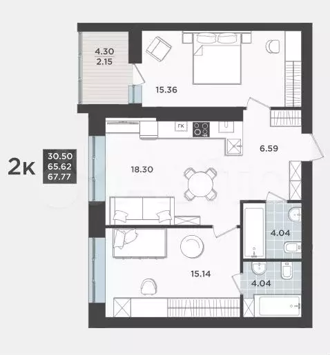 2-к. квартира, 65,6 м, 1/9 эт. - Фото 1