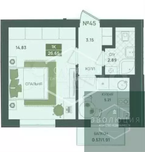 1-к. квартира, 26,7 м, 1/5 эт. - Фото 0