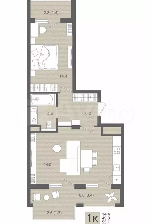 1-к. квартира, 55,1 м, 4/7 эт. - Фото 1