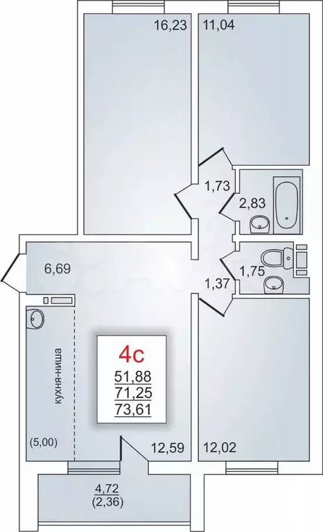 3-к. квартира, 73,6 м, 9/10 эт. - Фото 0