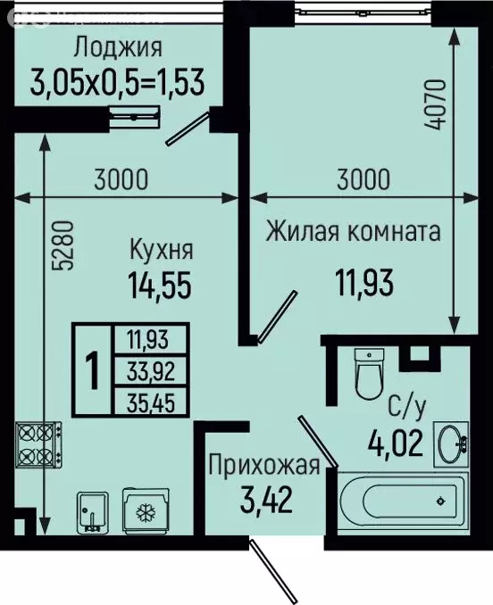 1-комнатная квартира: Небуг, ЖК Botanica Hills (35.45 м) - Фото 0