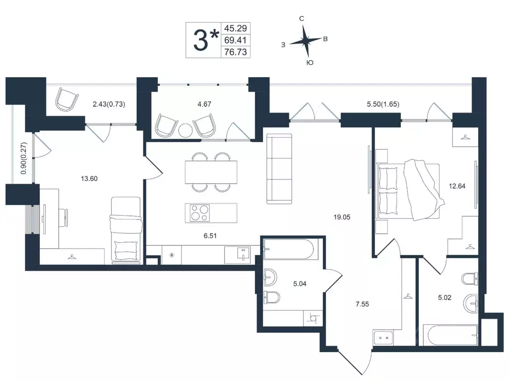 3-к кв. Приморский край, Владивосток Архитектор жилой комплекс (76.73 ... - Фото 1