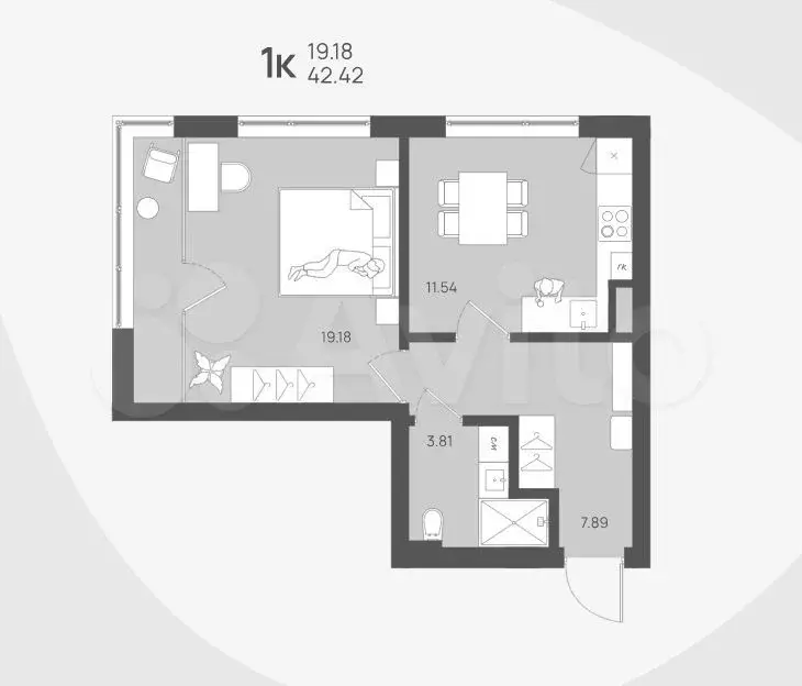 1-к. квартира, 42,4 м, 1/4 эт. - Фото 1