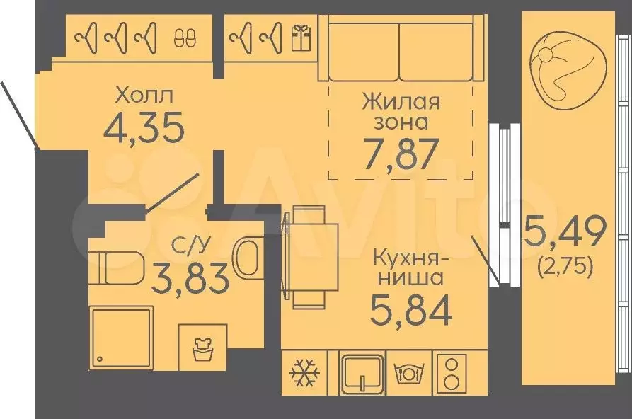 Квартира-студия, 24,6 м, 4/16 эт. - Фото 1