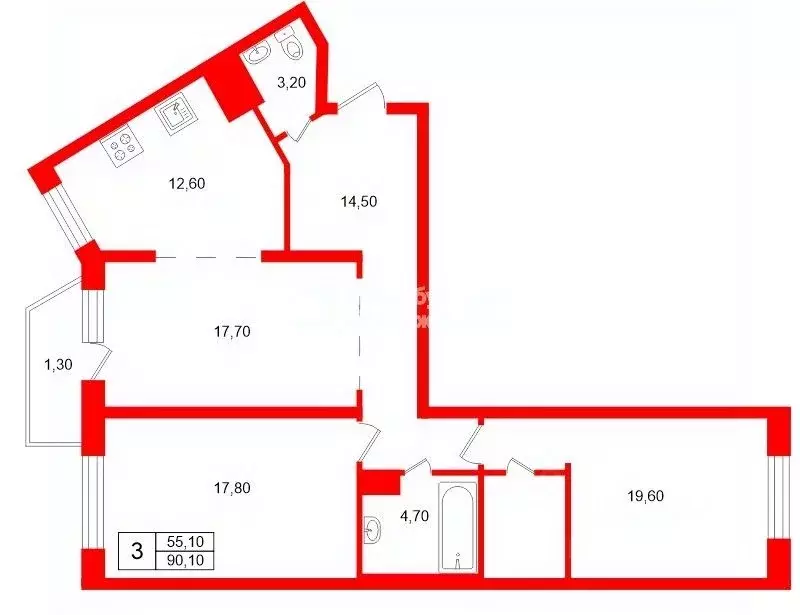 3-к кв. Санкт-Петербург Комендантский просп., 53к1 (90.1 м) - Фото 2