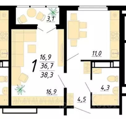 1-к кв. Воронежская область, Новоусманский район, пос. Отрадное ул. ... - Фото 1