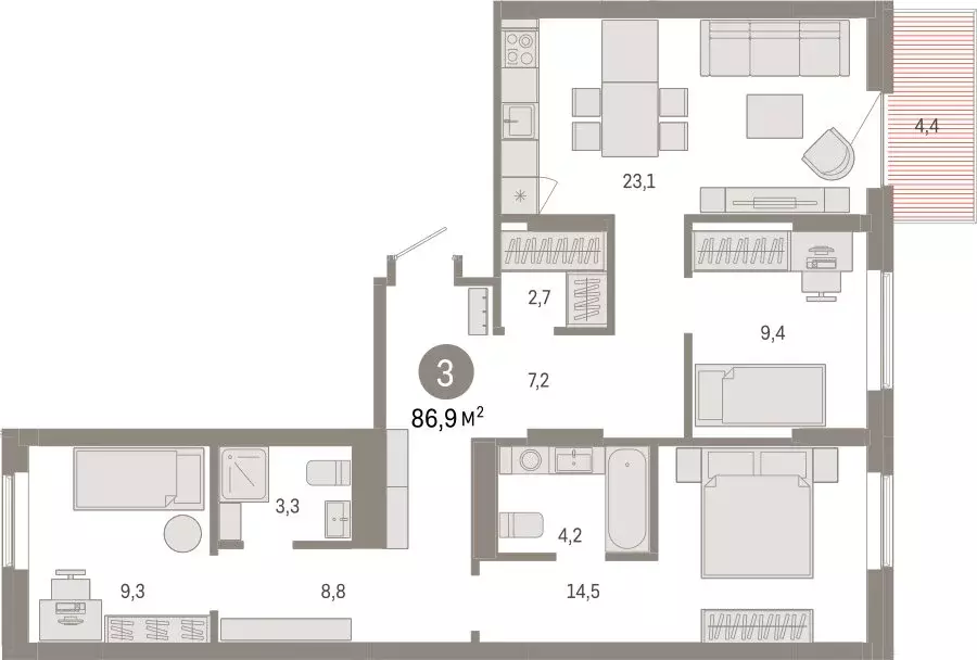 3-комнатная квартира: Омск, Кировский округ (86.93 м) - Фото 1