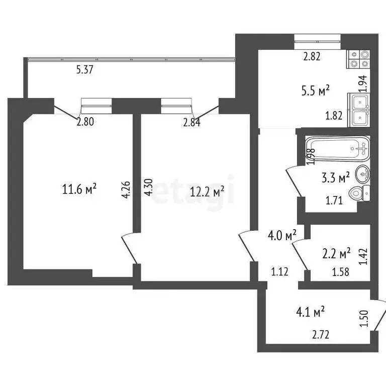 2-комнатная квартира: посёлок Прогресс, улица Мира, 1А (51 м) - Фото 1