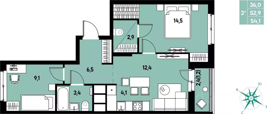 Студия Пермский край, д. Кондратово Мы жилой комплекс (54.1 м) - Фото 1
