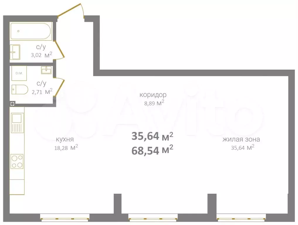 2-к. квартира, 68,5 м, 2/14 эт. - Фото 1