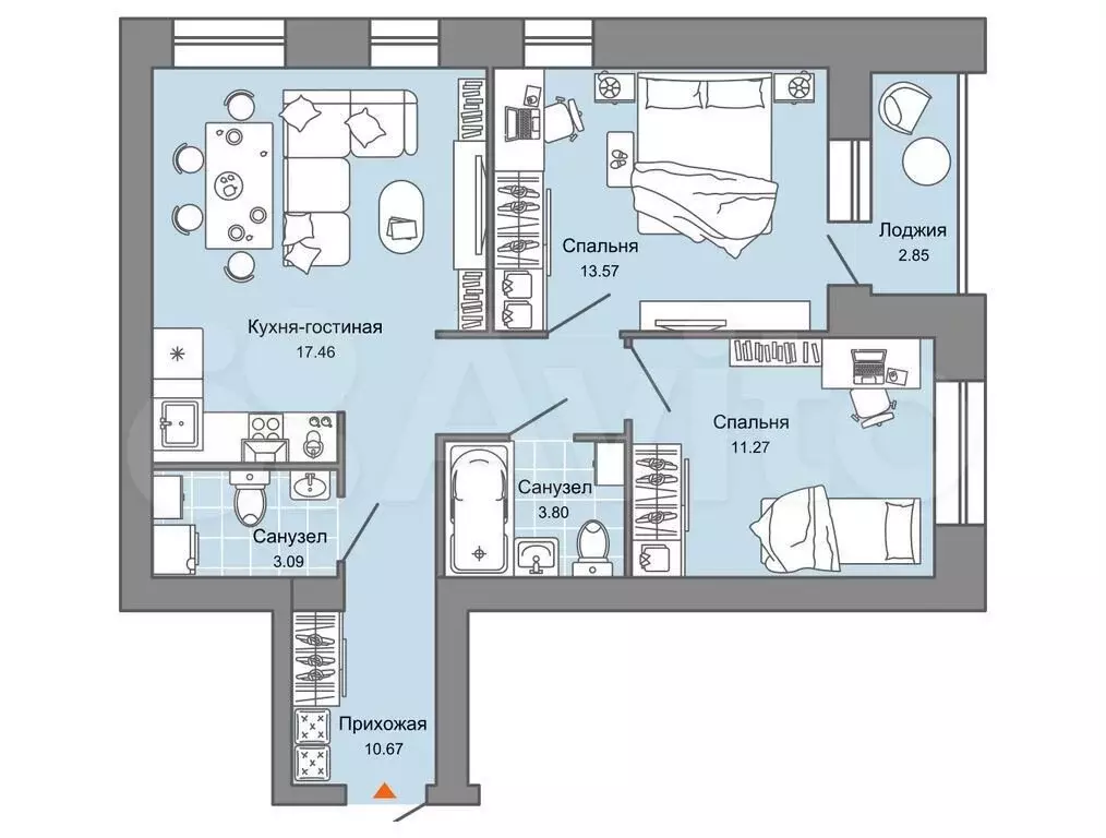 2-к. квартира, 61 м, 3/8 эт. - Фото 0