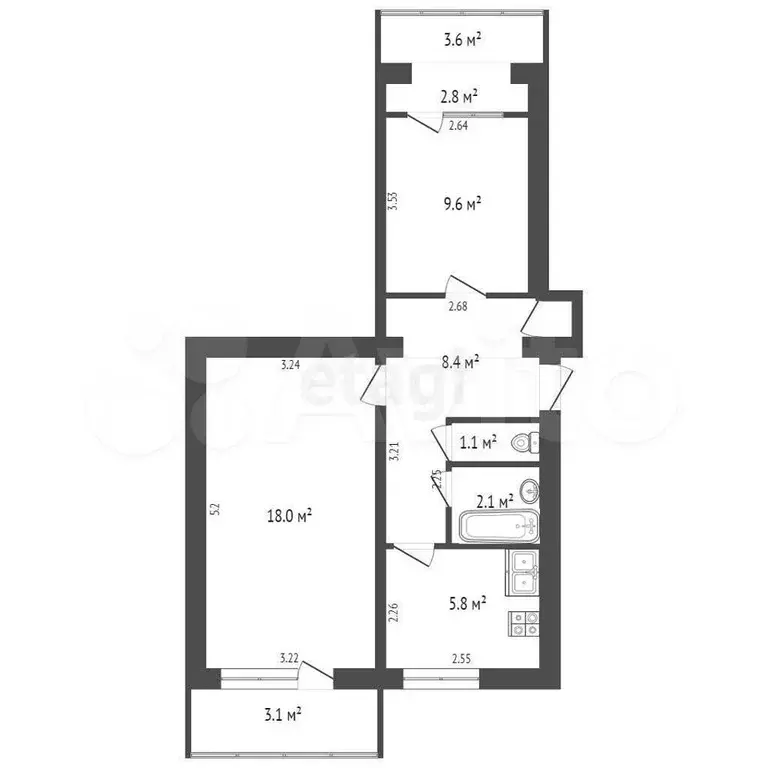 2-к. квартира, 44,9 м, 5/5 эт. - Фото 0