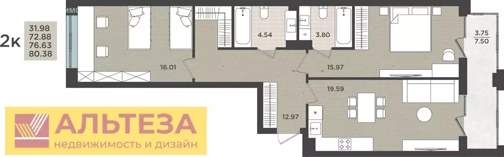 2-комнатная квартира: Калининград, улица Горького, 98 (76.63 м) - Фото 0