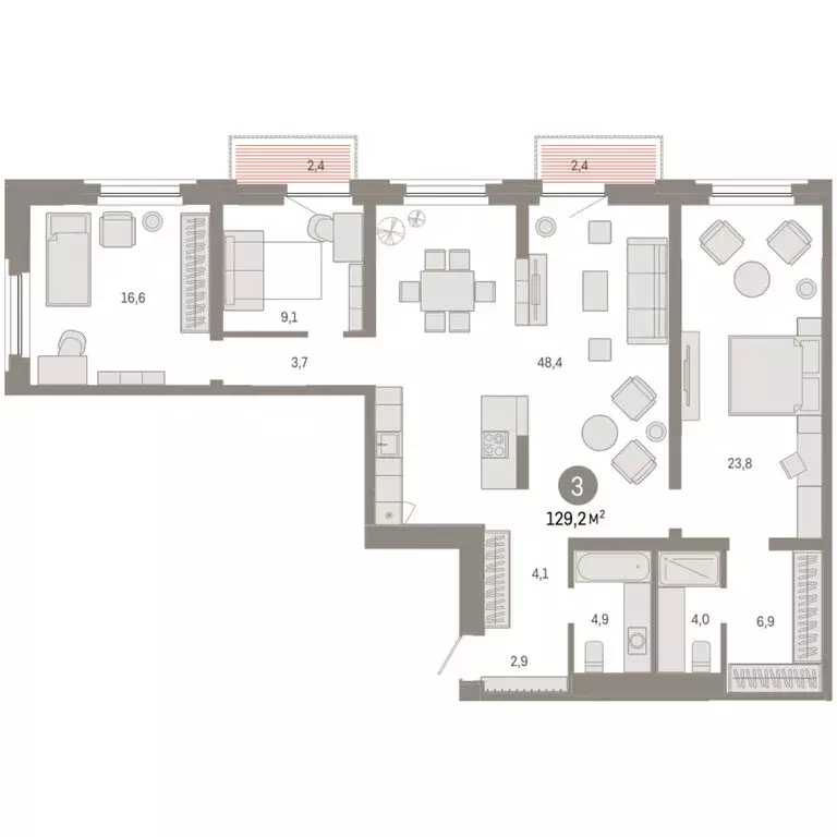 3-комнатная квартира: Тюмень, Мысовская улица, 26к2 (129.24 м) - Фото 1