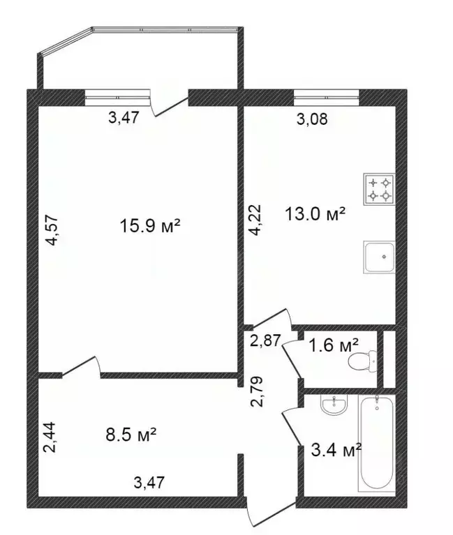 1-к кв. Тюменская область, Тюмень ул. Пермякова, 78к1 (44.8 м) - Фото 2