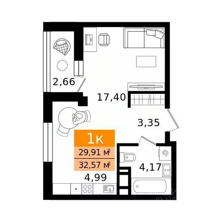 1-к кв. Курганская область, Курган просп. Конституции (32.57 м) - Фото 2