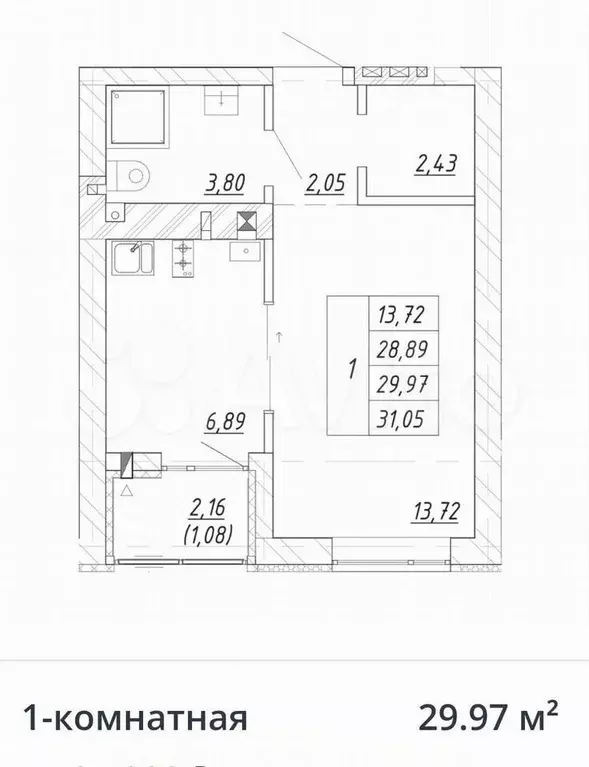 1-к. квартира, 30 м, 3/4 эт. - Фото 1