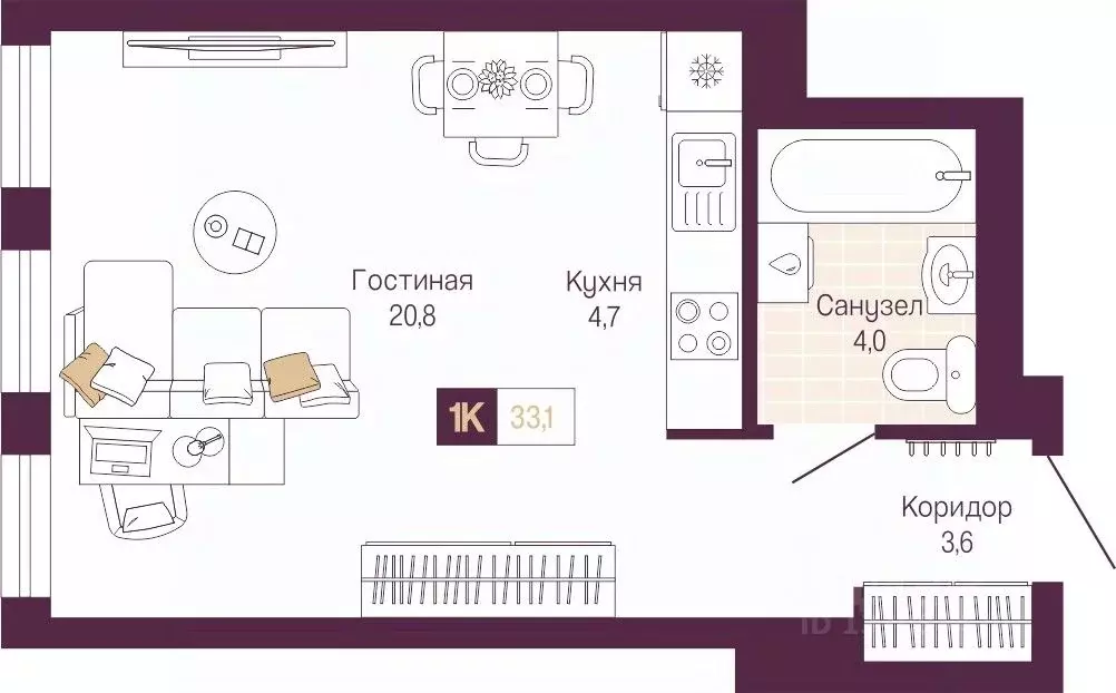 Студия Нижегородская область, Нижний Новгород ул. Тургенева (33.1 м) - Фото 0