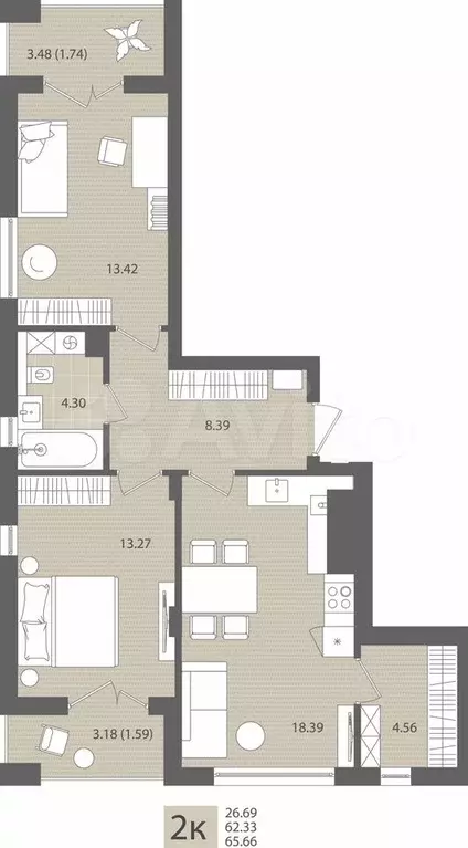 2-к. квартира, 65,7 м, 3/7 эт. - Фото 1