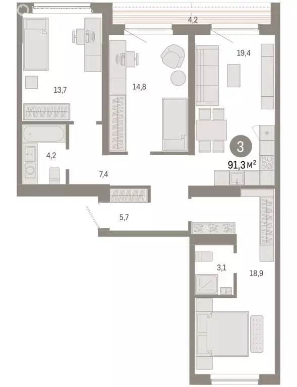 3-комнатная квартира: Новосибирск, Большевистская улица, с49 (91.29 м) - Фото 1